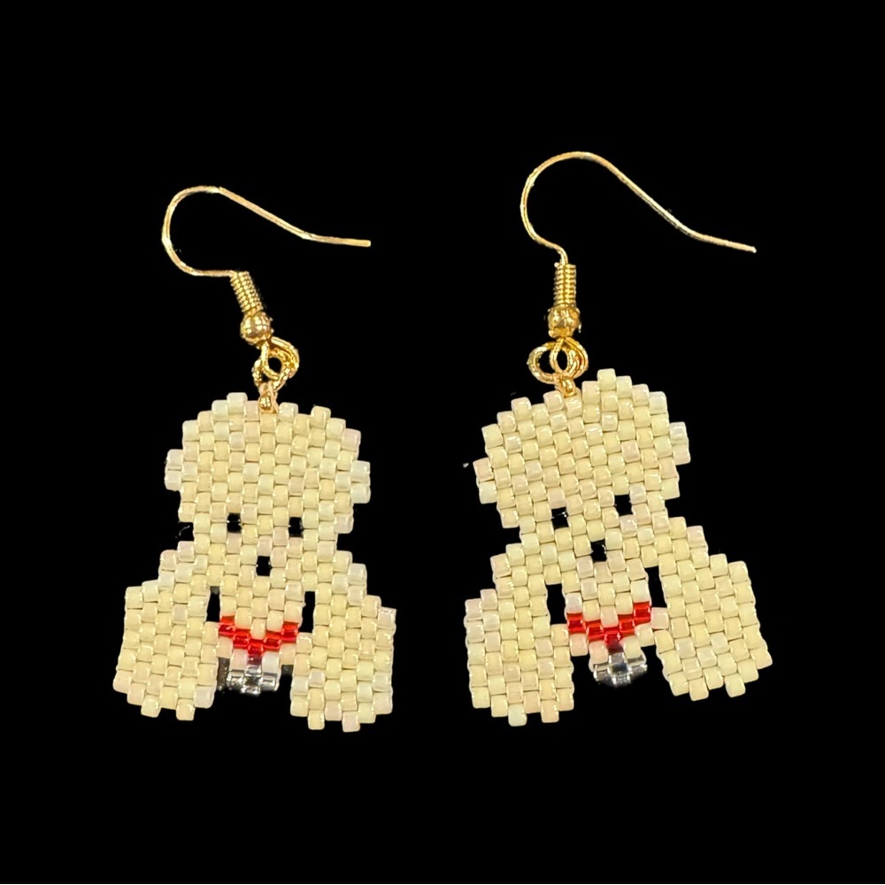 Hand crafted beaded apricot poodle face drop earrings